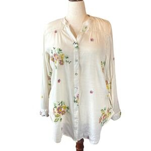 Cotton Gauze Embroidered Floral Cream Shirt Long Sleeve Feminine